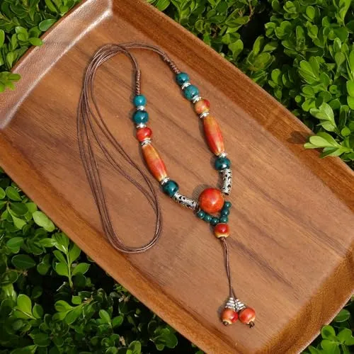 Boho Long Pendant Y Necklace for Women, Ceramic Beads Strand Y Necklace, Bohemian Jewelry Gifts for Women Girls(DZ 9)