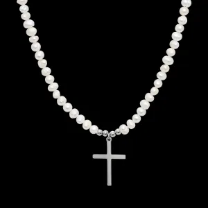 Bold Cross Pearl Necklace - Silver RG185S