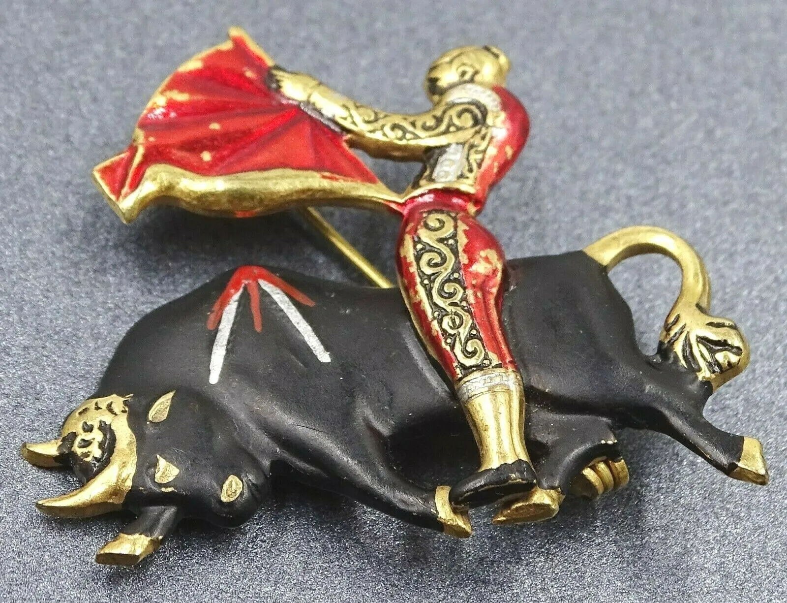 Bull Fighting Enamel & Gold Toned Vintage Brooch