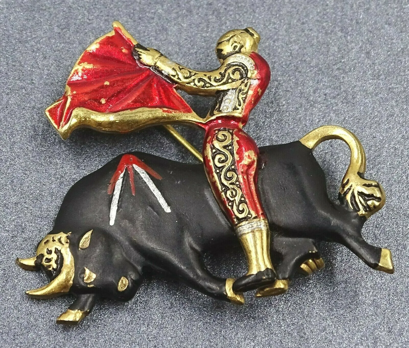 Bull Fighting Enamel & Gold Toned Vintage Brooch