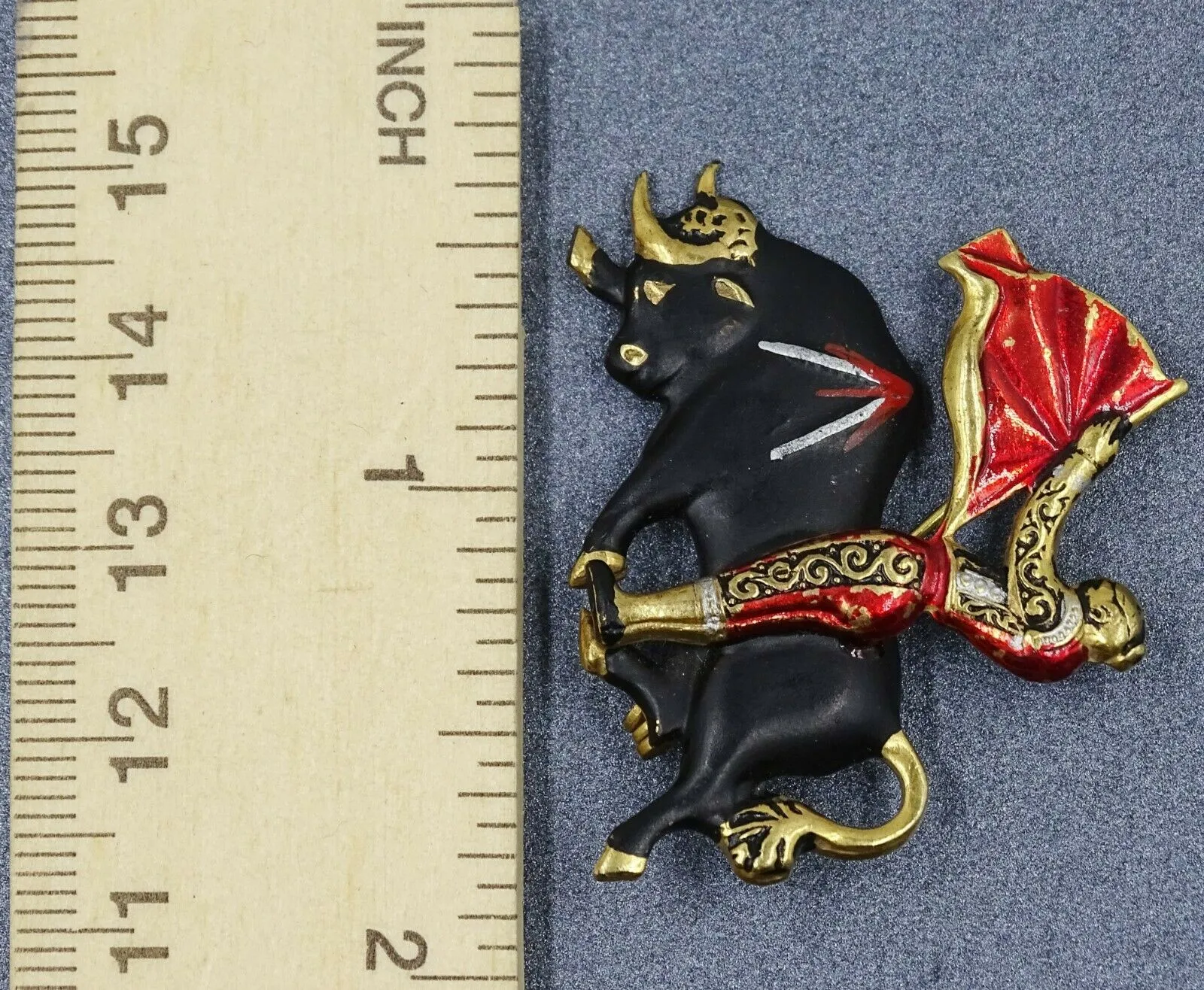 Bull Fighting Enamel & Gold Toned Vintage Brooch