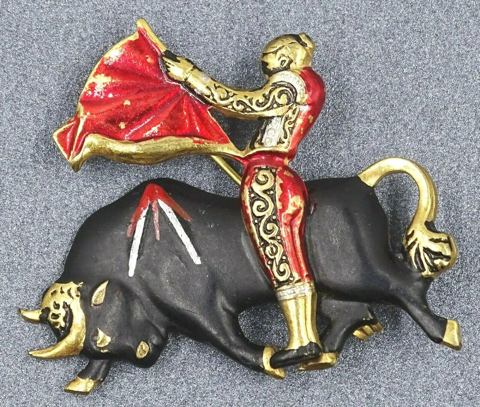 Bull Fighting Enamel & Gold Toned Vintage Brooch