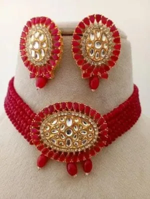 Chokar kundan necklace with earrings (Red)