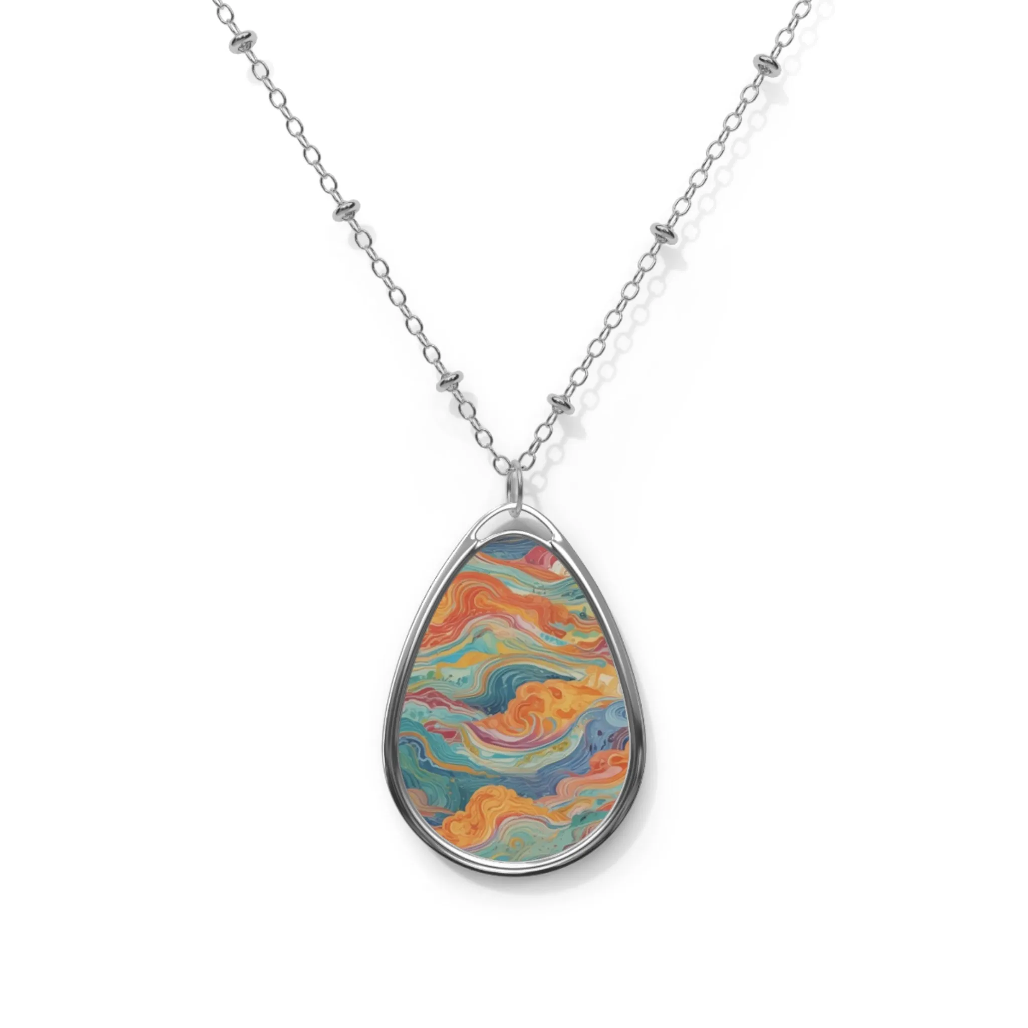 Colorful traditional marbling art Oval Necklace