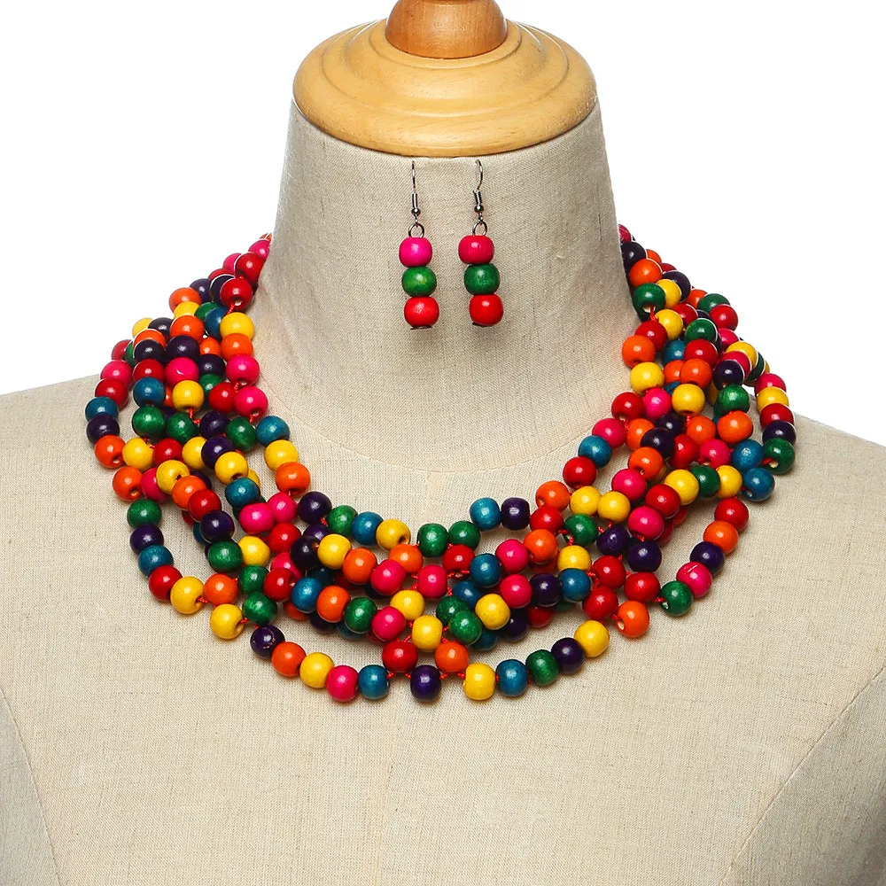 Colorful Wooden Bead Layered Necklaces with Ethnic and Global Style