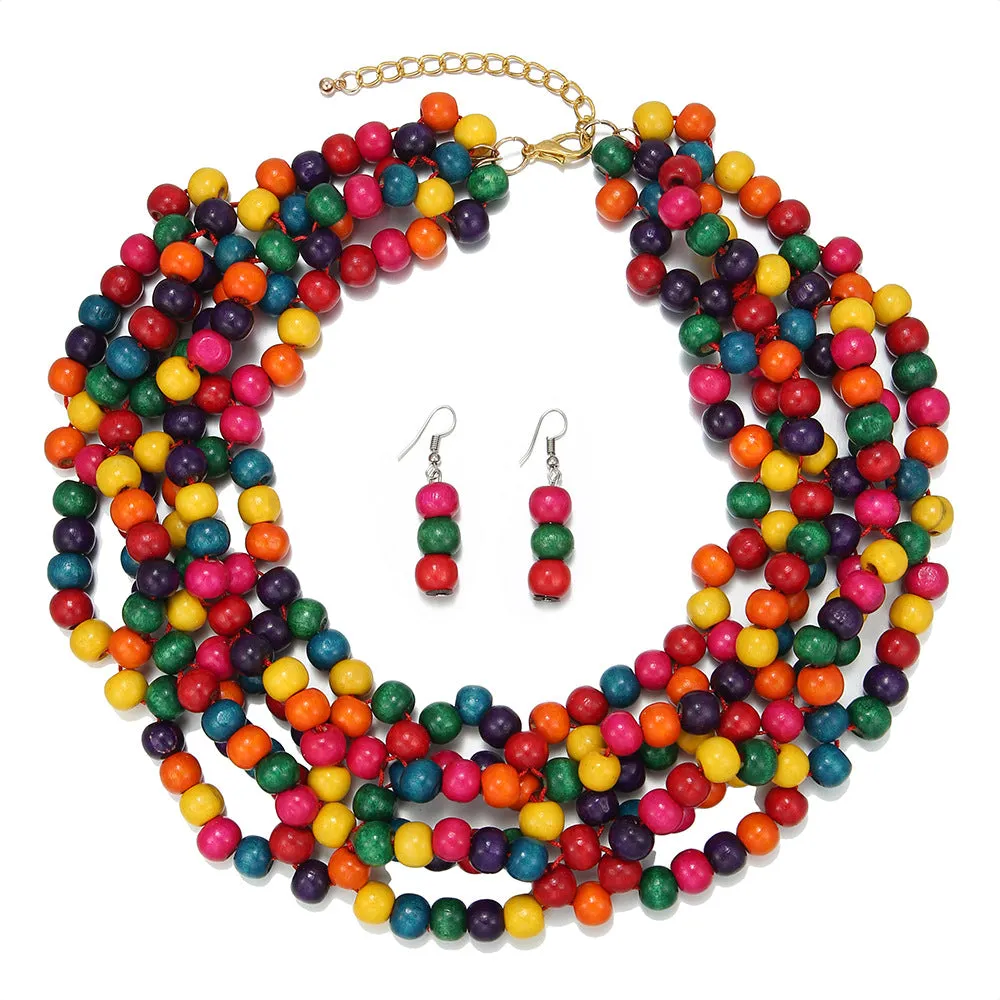 Colorful Wooden Bead Layered Necklaces with Ethnic and Global Style