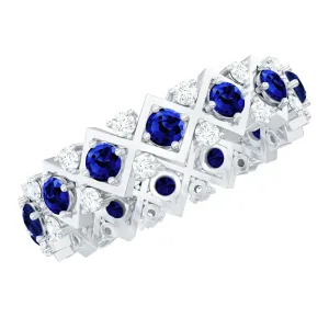 Created Blue Sapphire and Diamond Full Eternity Band Ring