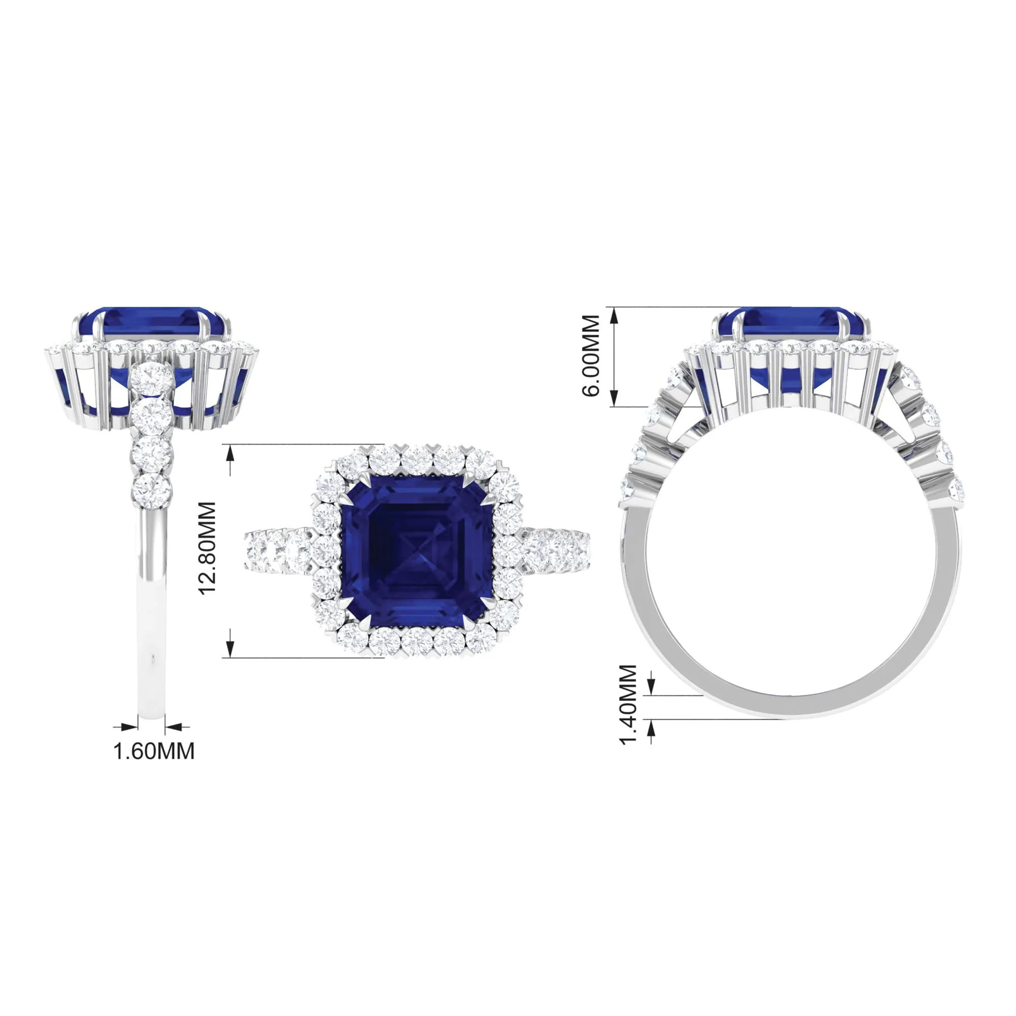 Created Blue Sapphire and Diamond Halo Engagement Ring