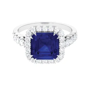 Created Blue Sapphire and Diamond Halo Engagement Ring