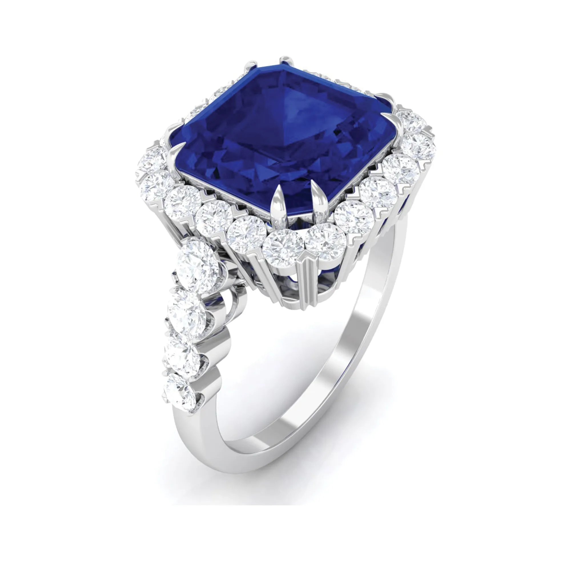 Created Blue Sapphire and Diamond Halo Engagement Ring