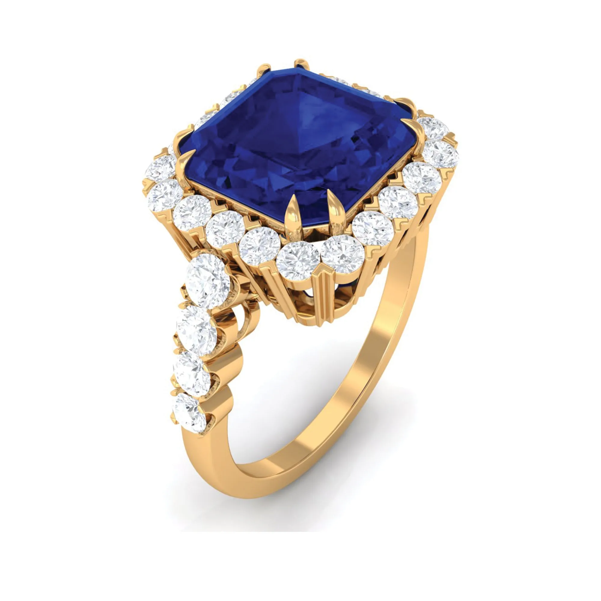 Created Blue Sapphire and Diamond Halo Engagement Ring