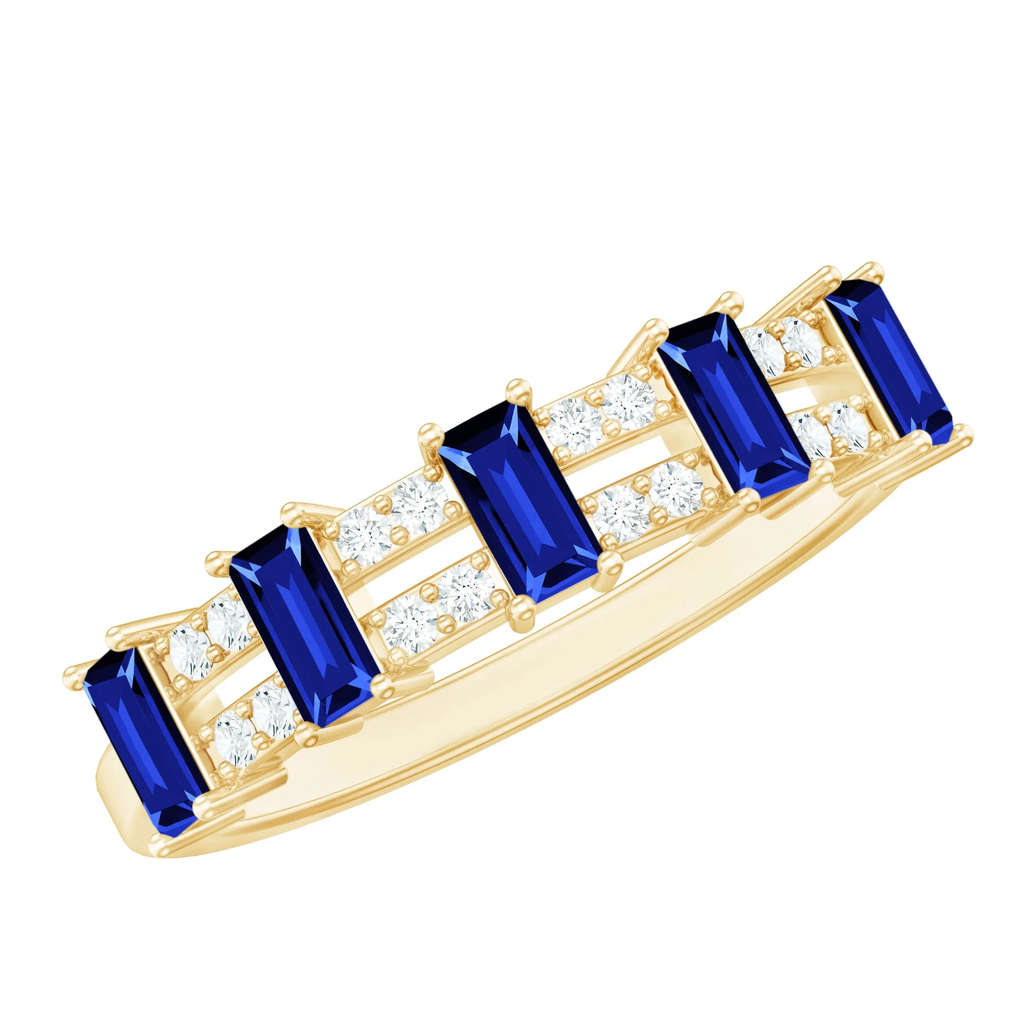 Created Blue Sapphire and Diamond Wide Half Eternity Band