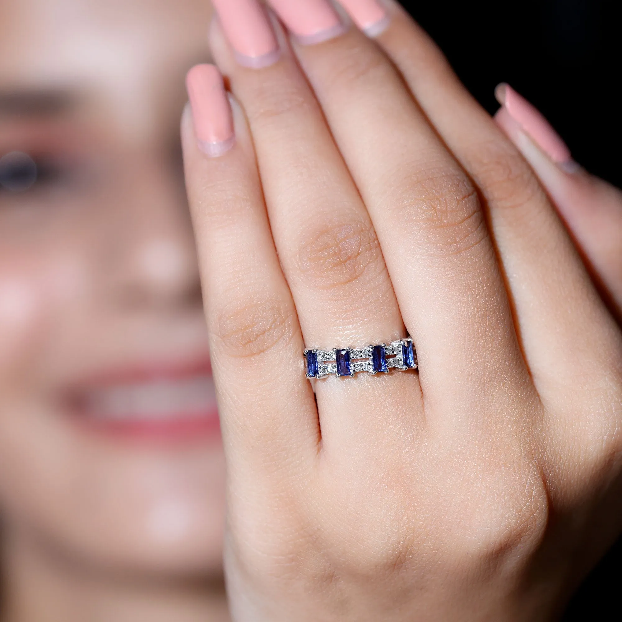 Created Blue Sapphire and Diamond Wide Half Eternity Band