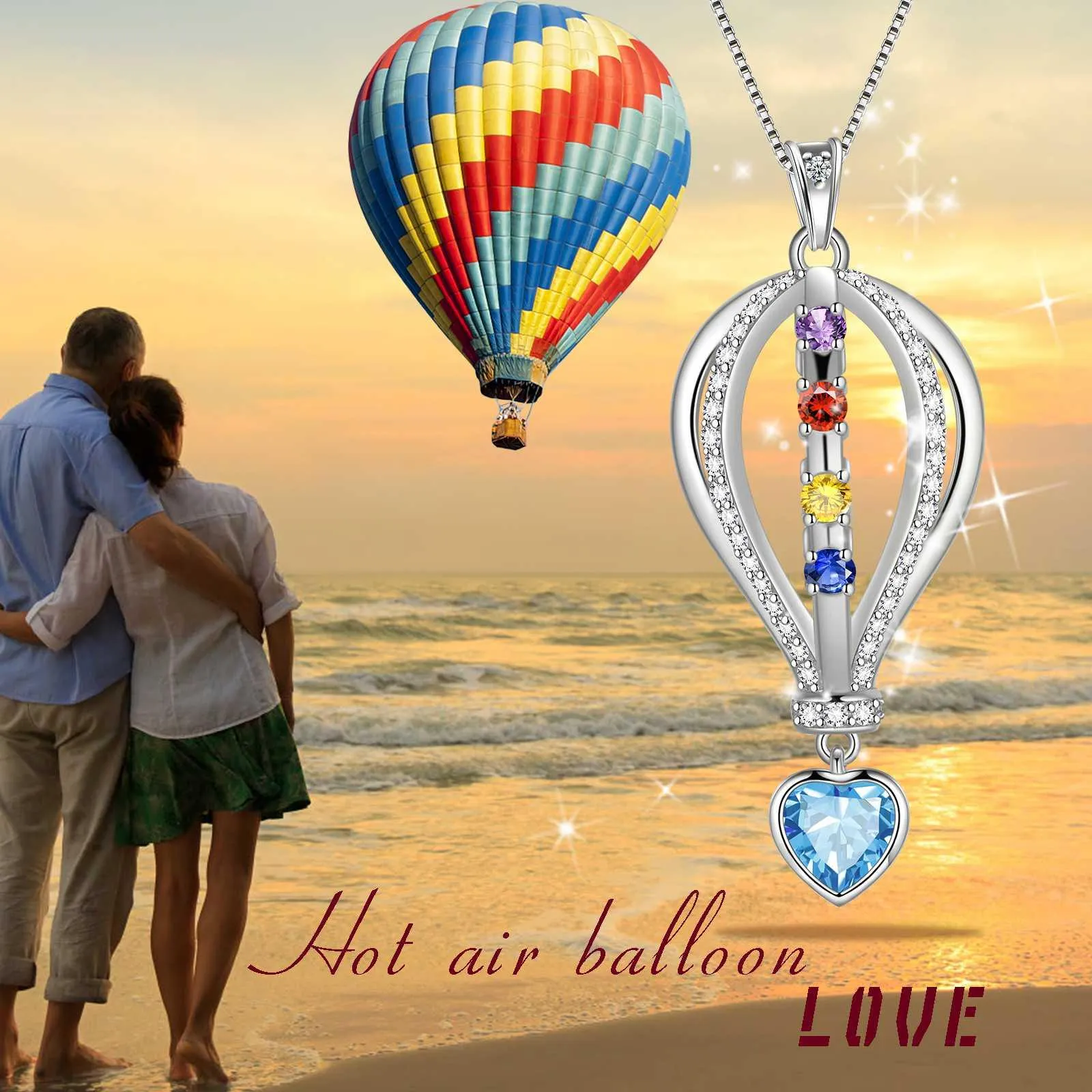 Crystal Colorful Hot Air Balloon Heart Pendant Necklace Rainbow Jewelry for LGBT