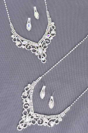 Crystal Rhinestone Swirl V-Shape Silver Necklace and Earring Set