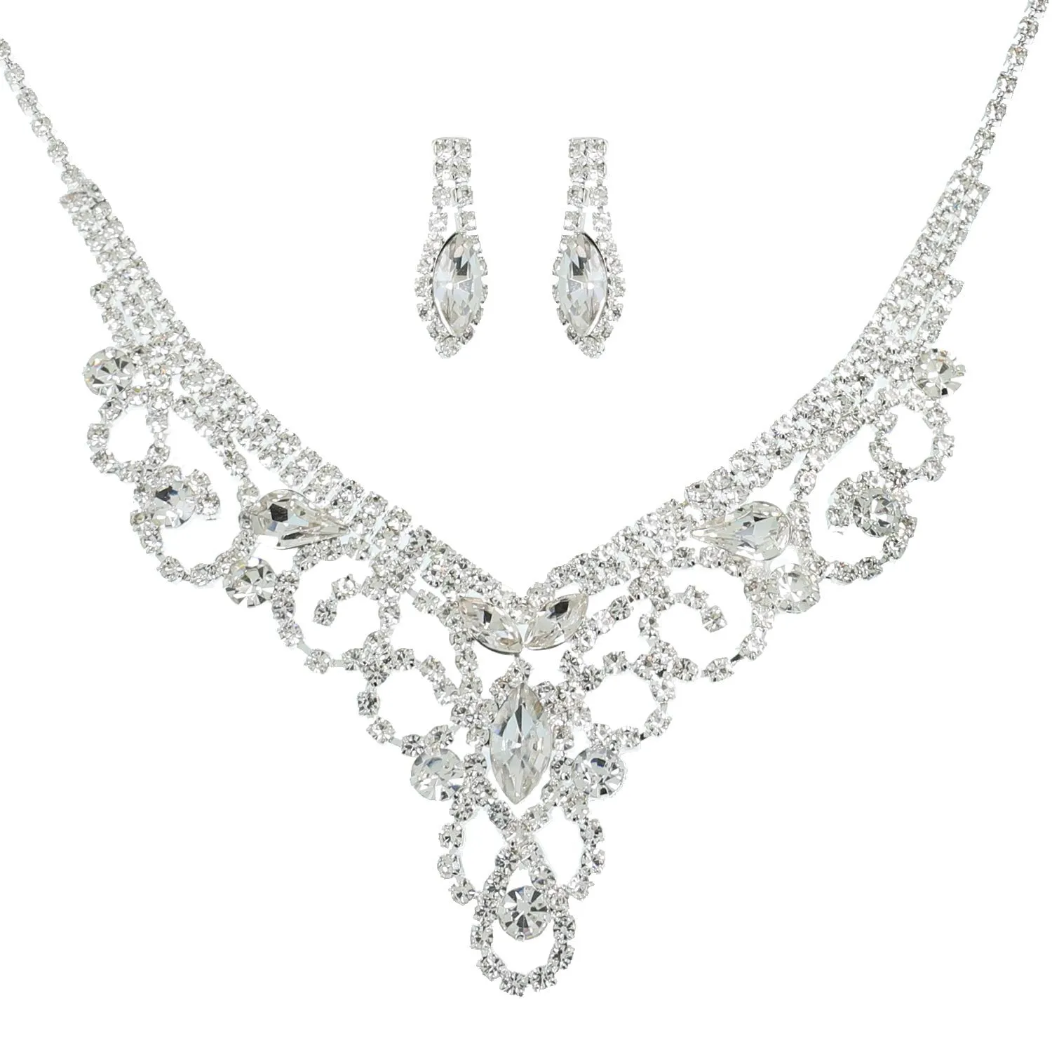 Crystal Rhinestone Swirl V-Shape Silver Necklace and Earring Set