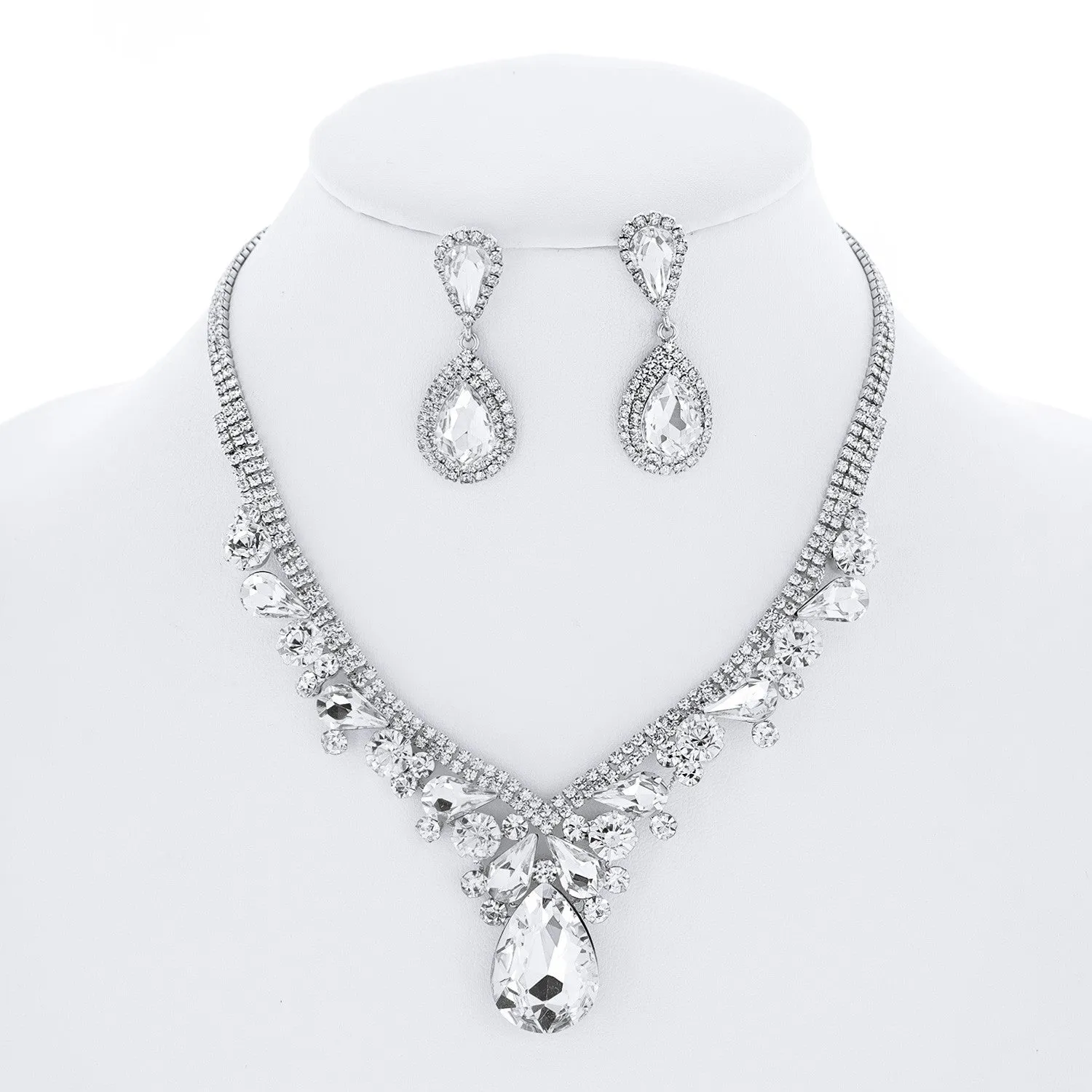 Crystal Rhinestone Teardrop Cluster Bib Necklace and Earring Set