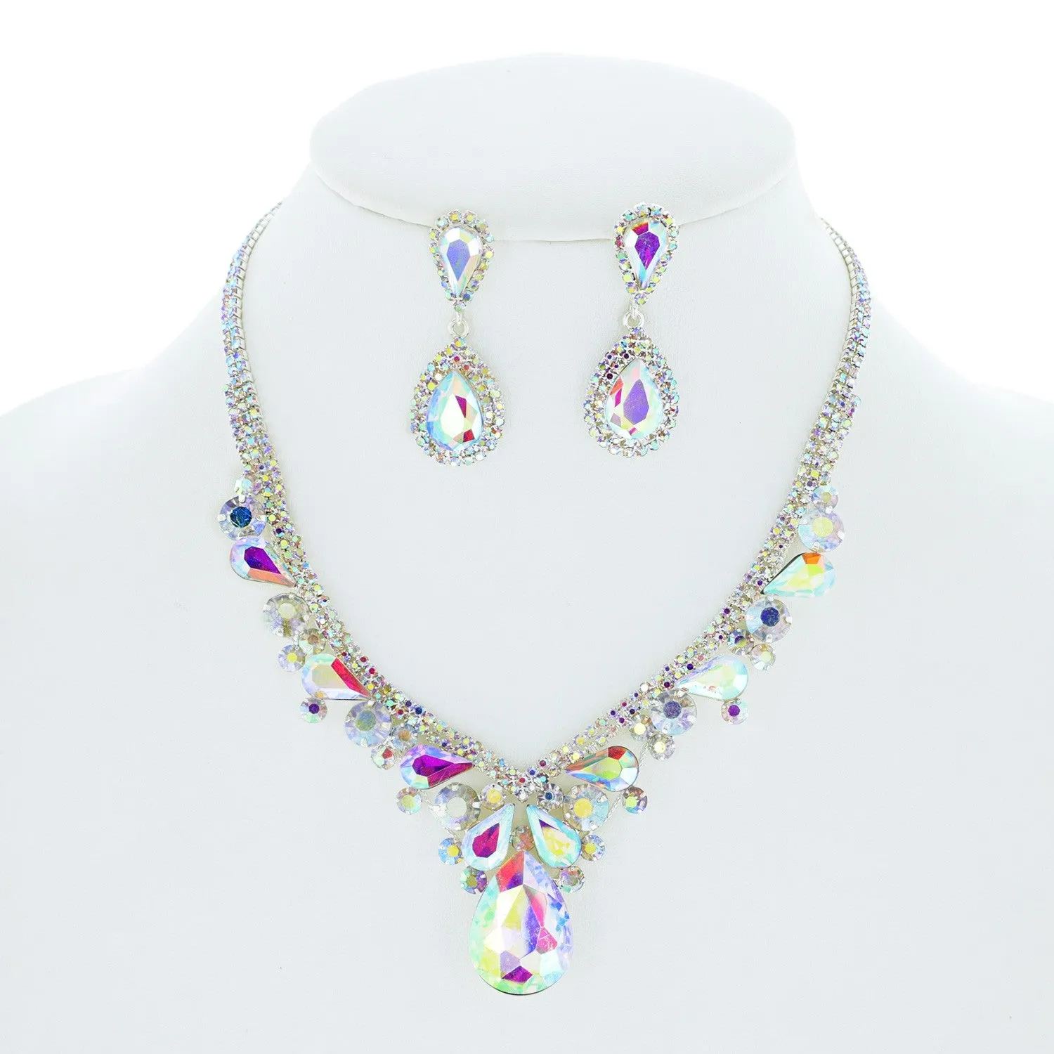 Crystal Rhinestone Teardrop Cluster Bib Necklace and Earring Set