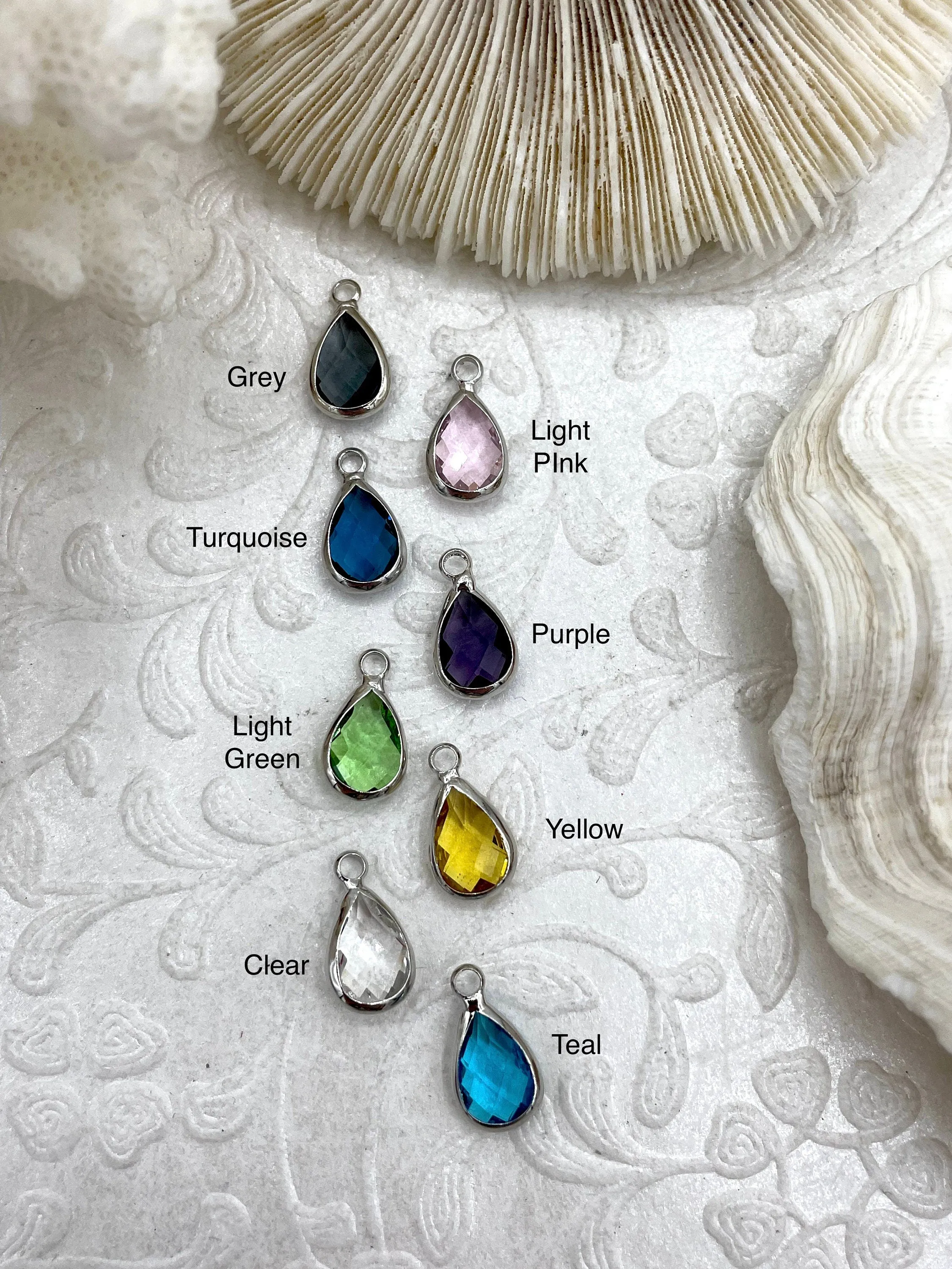 Crystal Silver Trimmed Teardrop Pendants and Charms. 8 Crystal Colors, Small Crystal Charms, 11mm x 8mm Teardrop Crystal Charms, Fast Ship