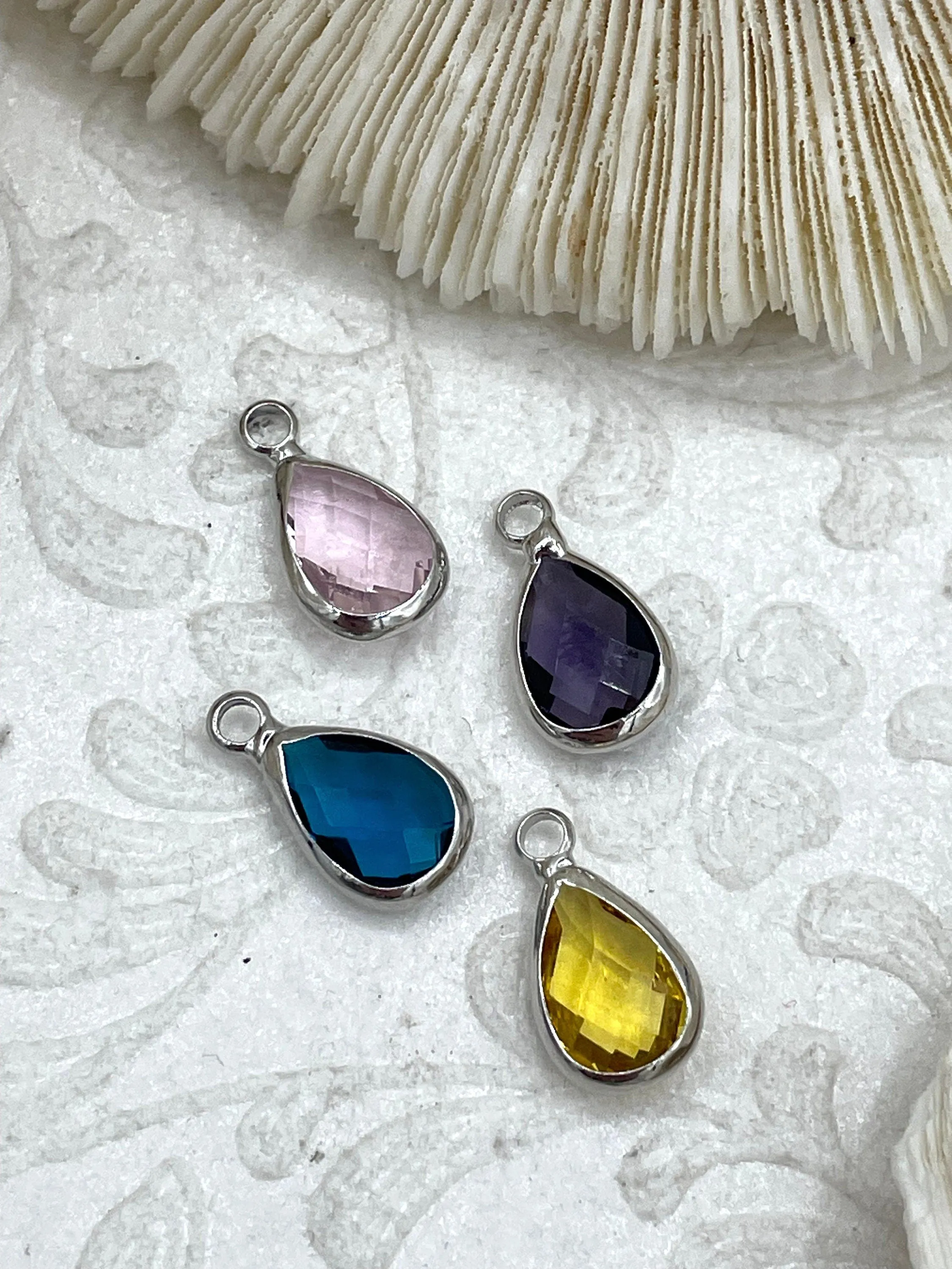 Crystal Silver Trimmed Teardrop Pendants and Charms. 8 Crystal Colors, Small Crystal Charms, 11mm x 8mm Teardrop Crystal Charms, Fast Ship