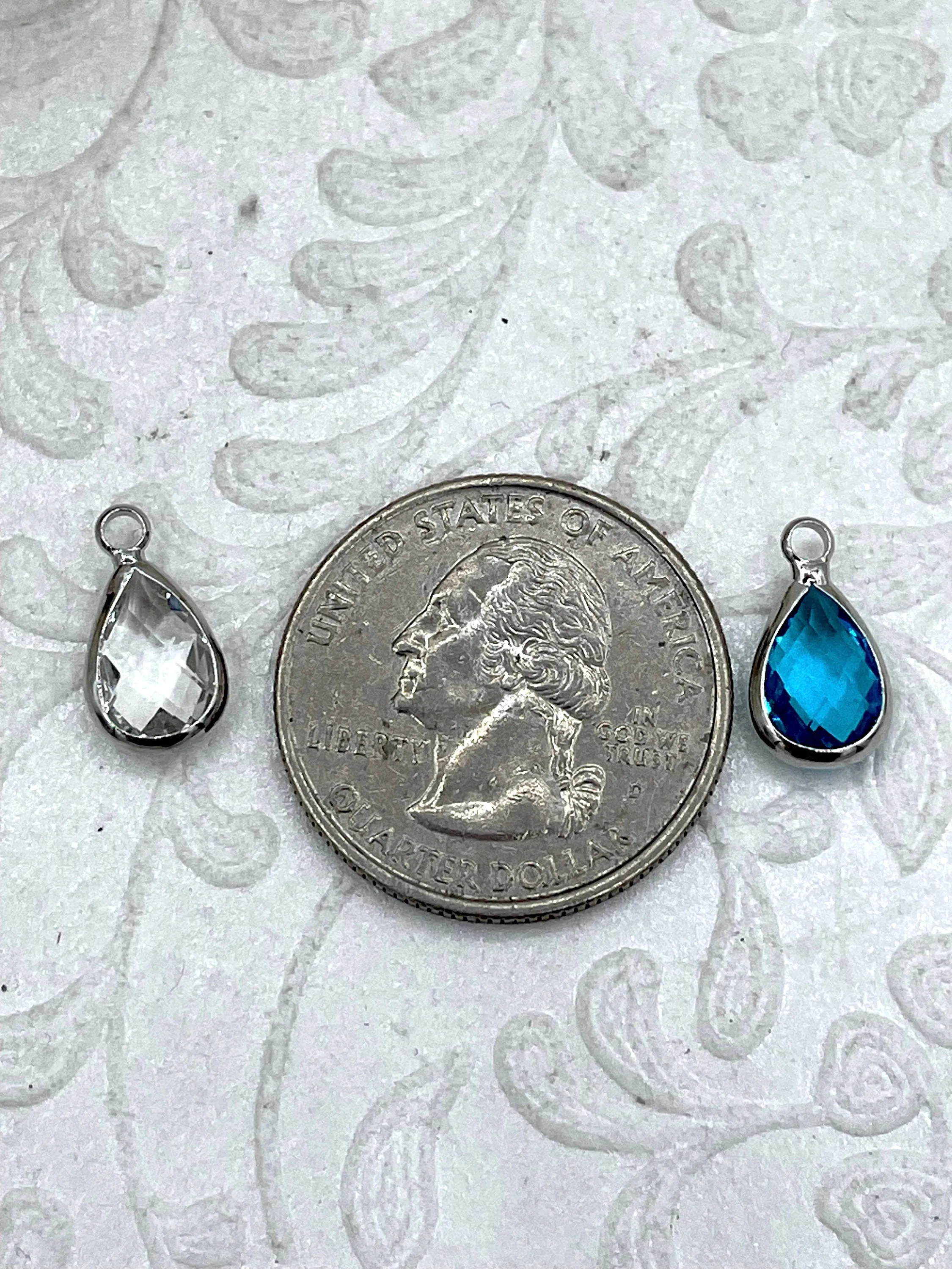 Crystal Silver Trimmed Teardrop Pendants and Charms. 8 Crystal Colors, Small Crystal Charms, 11mm x 8mm Teardrop Crystal Charms, Fast Ship