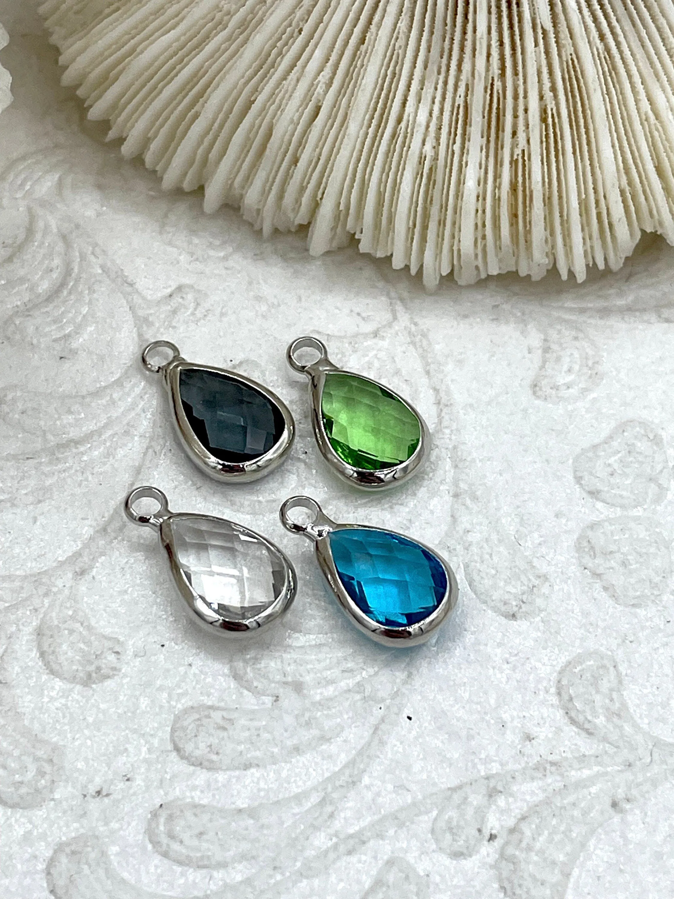 Crystal Silver Trimmed Teardrop Pendants and Charms. 8 Crystal Colors, Small Crystal Charms, 11mm x 8mm Teardrop Crystal Charms, Fast Ship