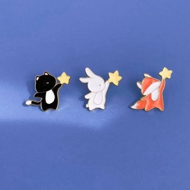 Cute Pin Rabbit Fox Cat Alloy Enamel Couple Brooches