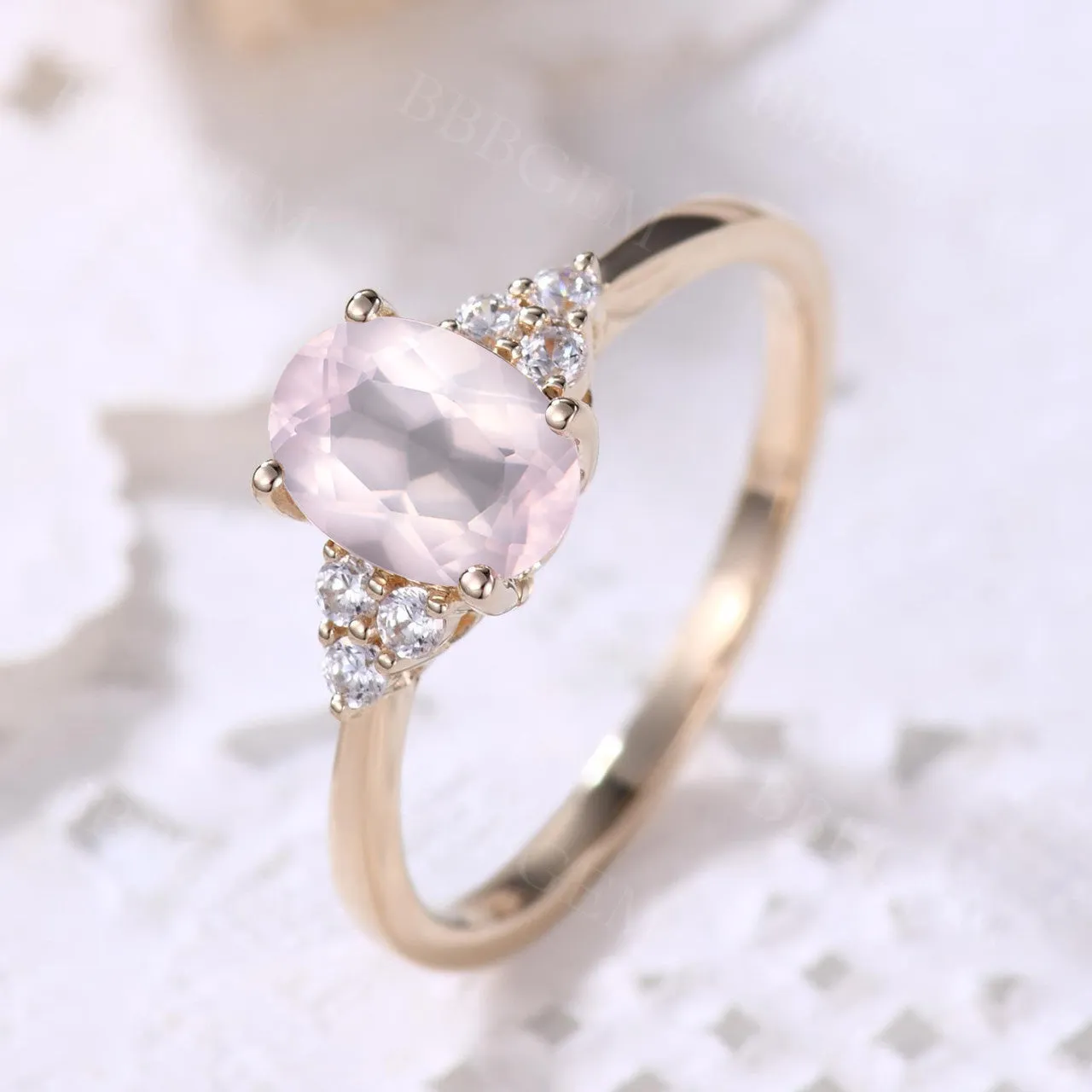 Dainty Rose Gold Rose Quartz Engagement Ring Diamond Ring Plain Gold Band