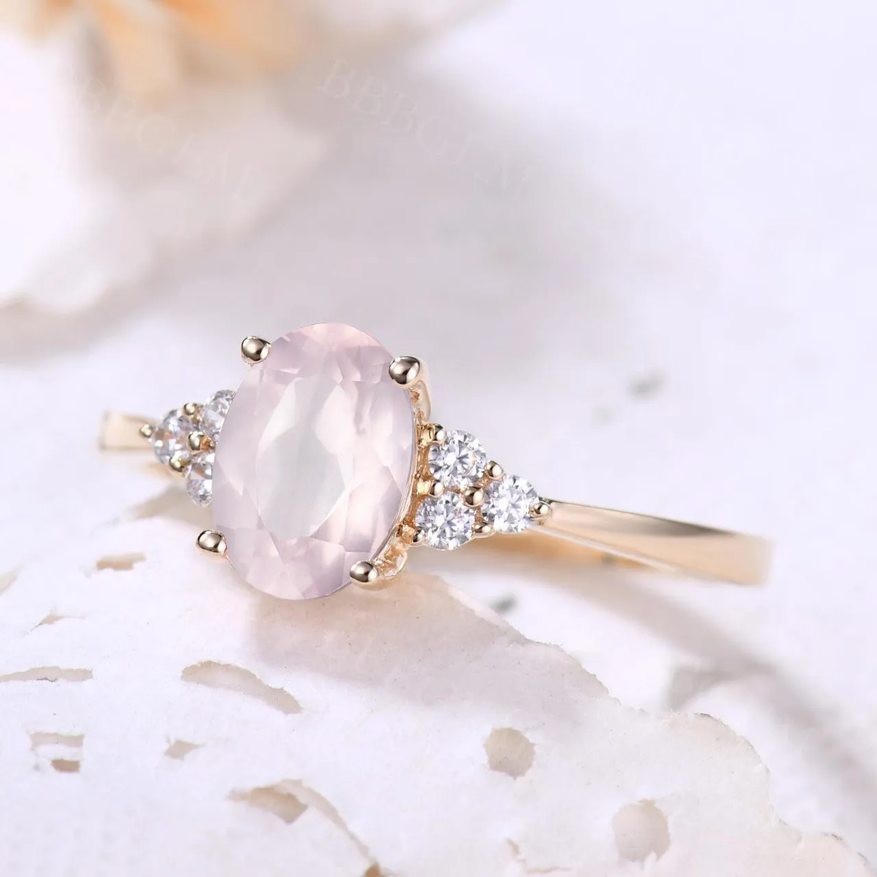 Dainty Rose Gold Rose Quartz Engagement Ring Diamond Ring Plain Gold Band