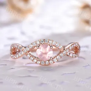 Dainty Rose Quartz Engagement Ring Round Cut Twist Diamond Wedding Band