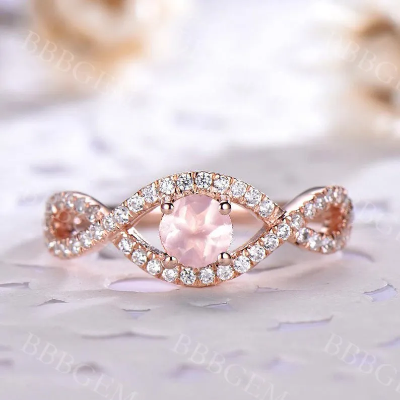 Dainty Rose Quartz Engagement Ring Round Cut Twist Diamond Wedding Band