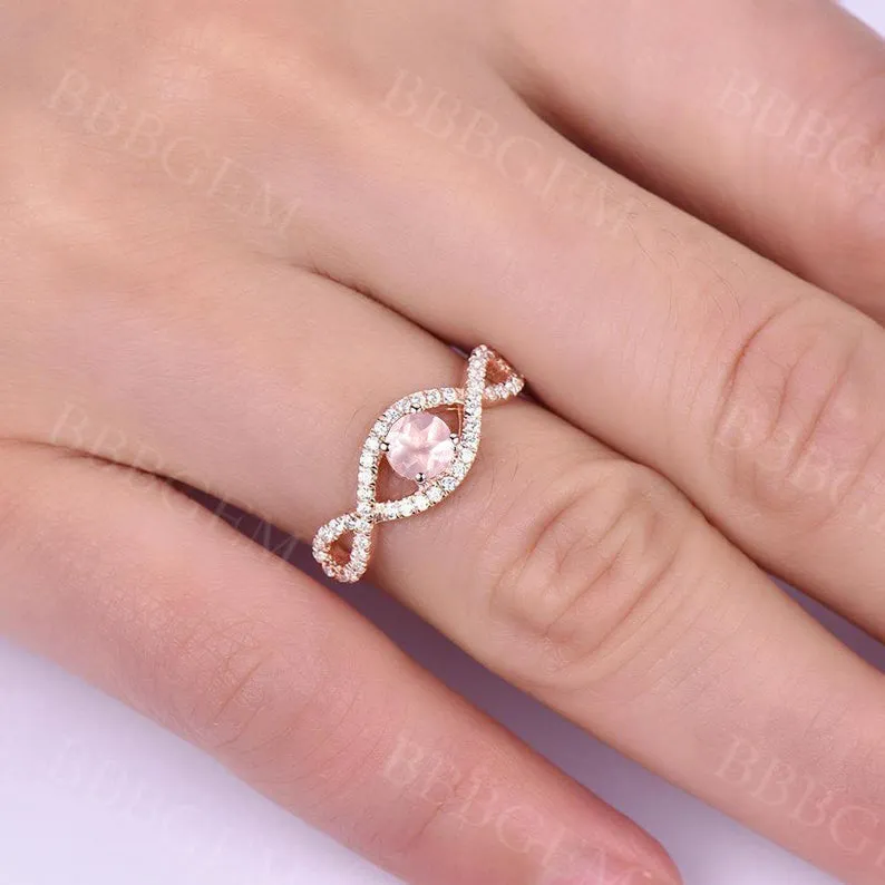 Dainty Rose Quartz Engagement Ring Round Cut Twist Diamond Wedding Band