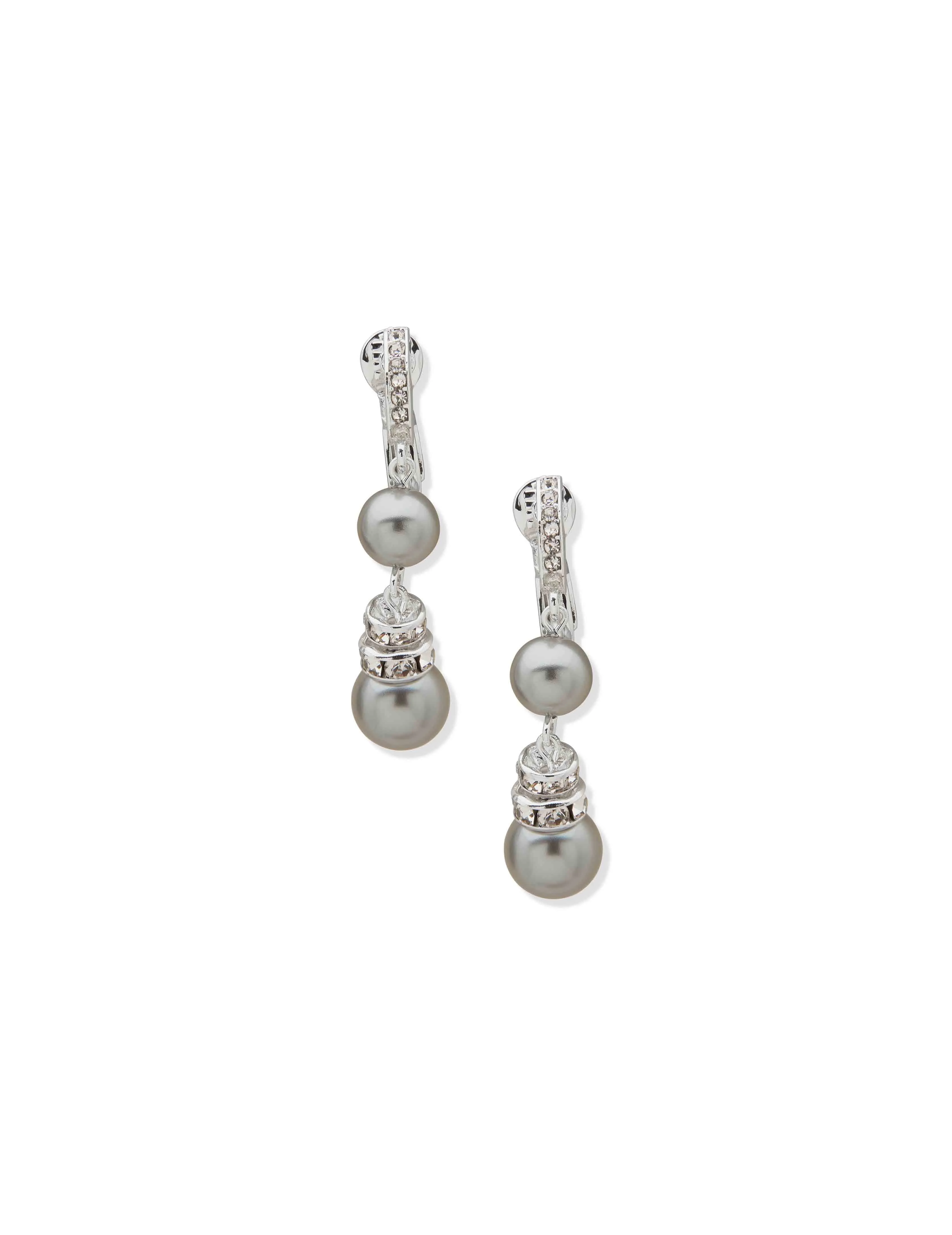 Double Drop Pearl Earrings - Silver / Grey