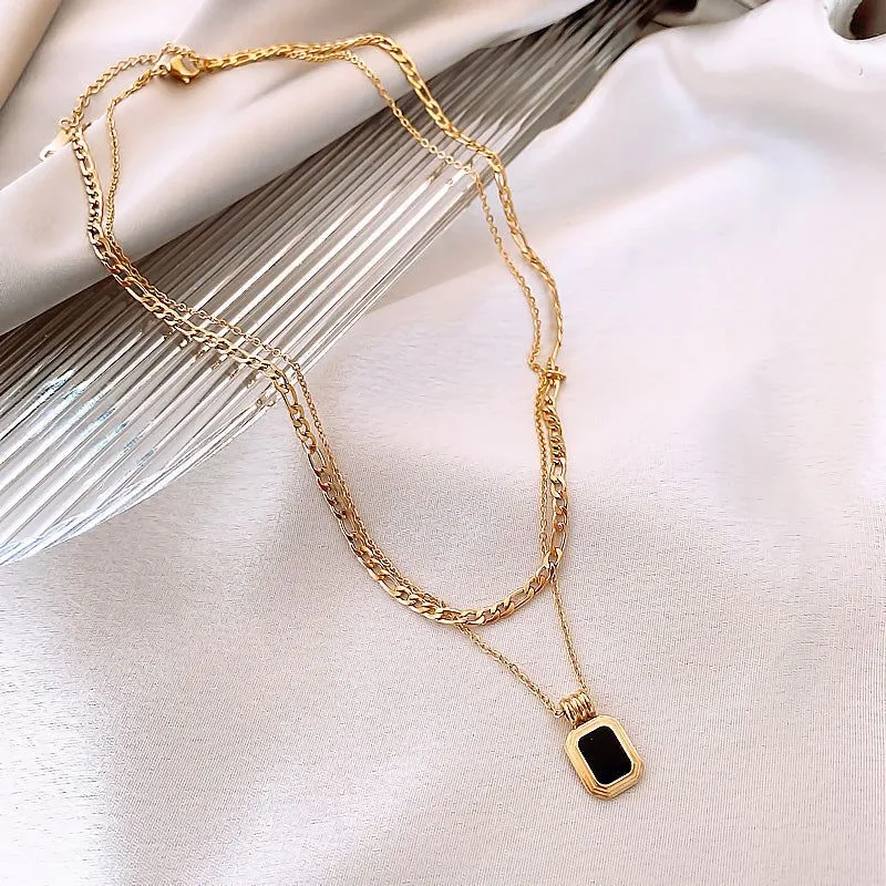 Double Layer Necklaces Charm Jewelry XYS0926 Stainless Steel Black Square