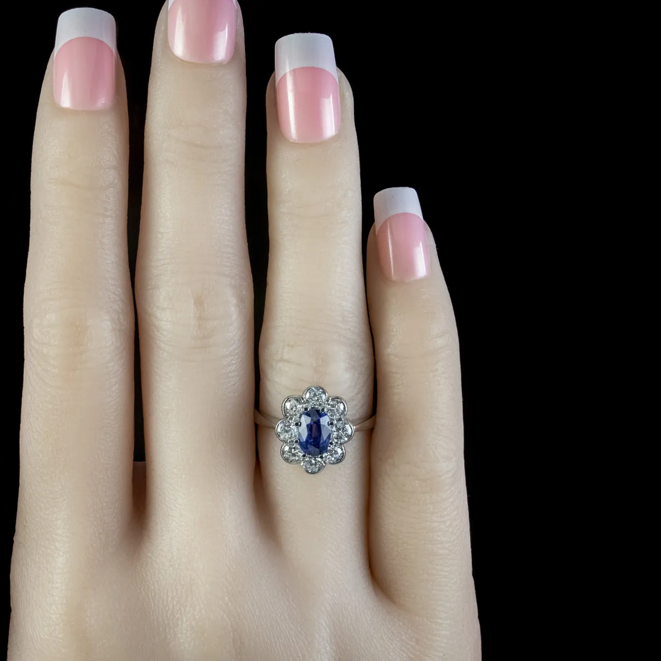 Edwardian Style Sapphire Diamond Cluster Ring 1.65ct Sapphire