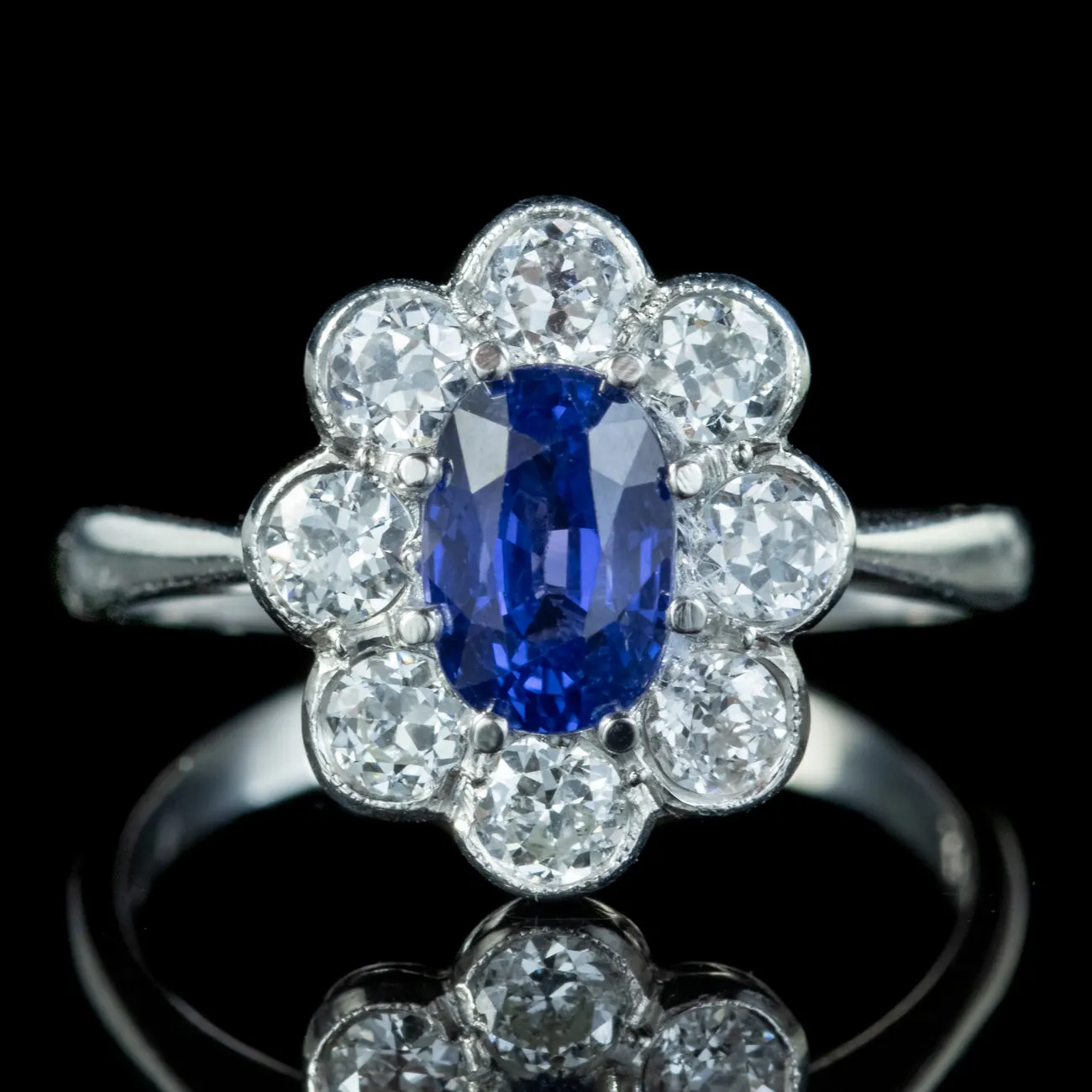 Edwardian Style Sapphire Diamond Cluster Ring 1.65ct Sapphire