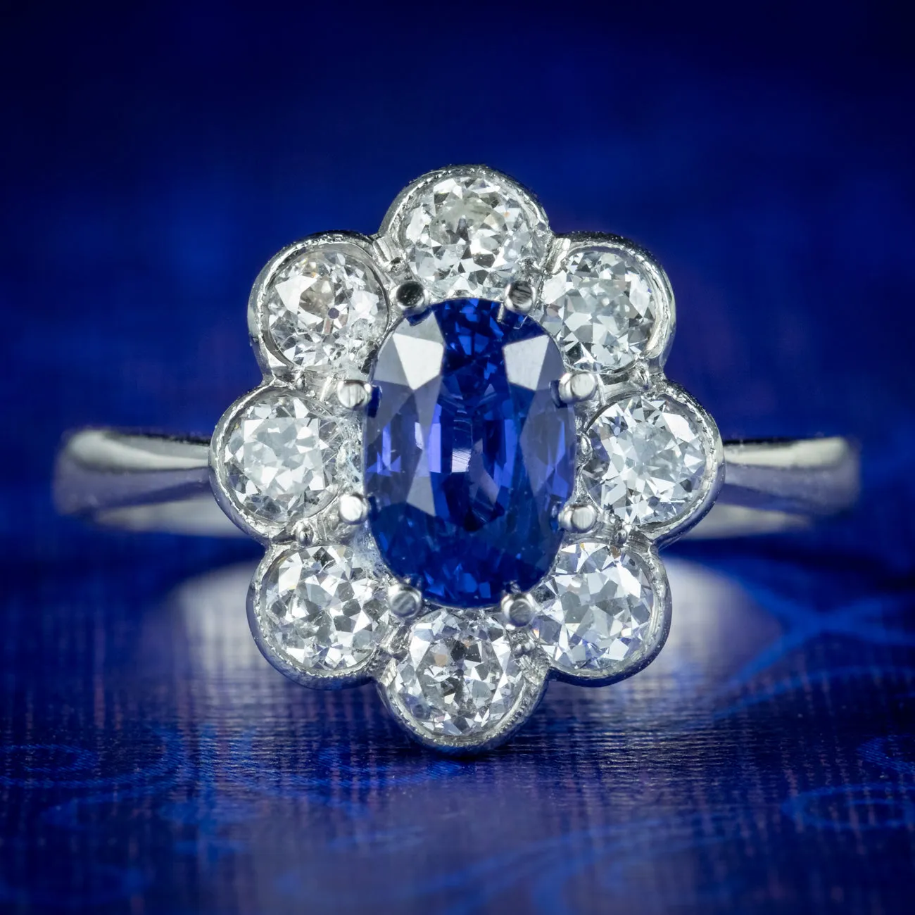 Edwardian Style Sapphire Diamond Cluster Ring 1.65ct Sapphire