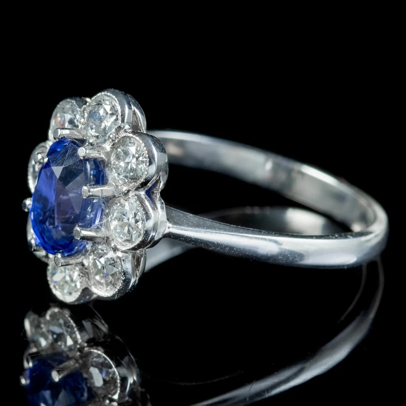 Edwardian Style Sapphire Diamond Cluster Ring 1.65ct Sapphire