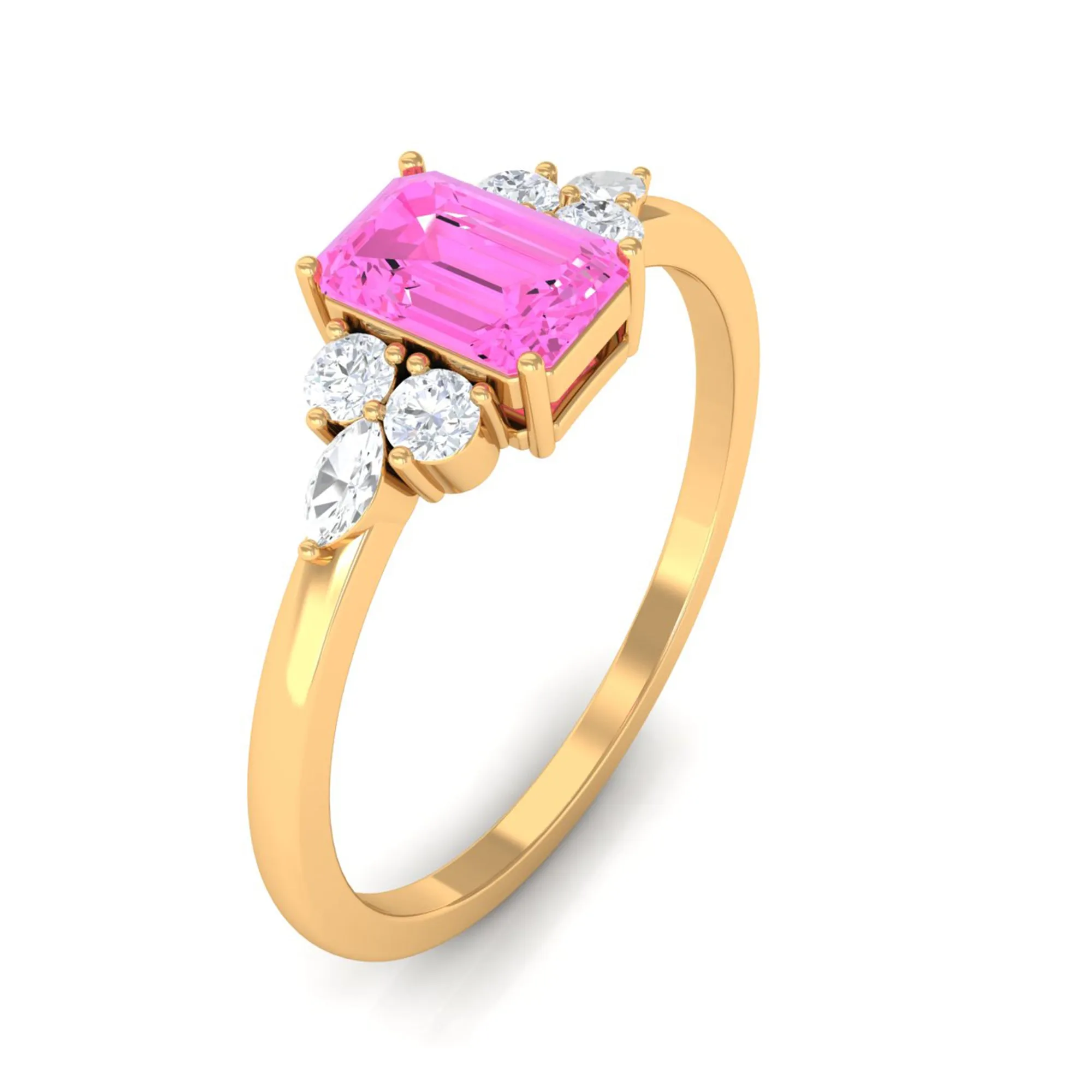 Emerald Cut Pink Sapphire Solitaire Ring with Diamond Trio