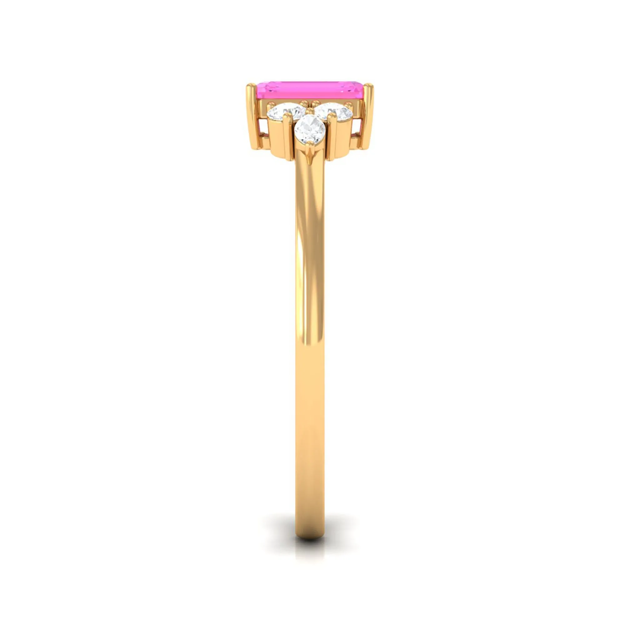 Emerald Cut Pink Sapphire Solitaire Ring with Diamond Trio