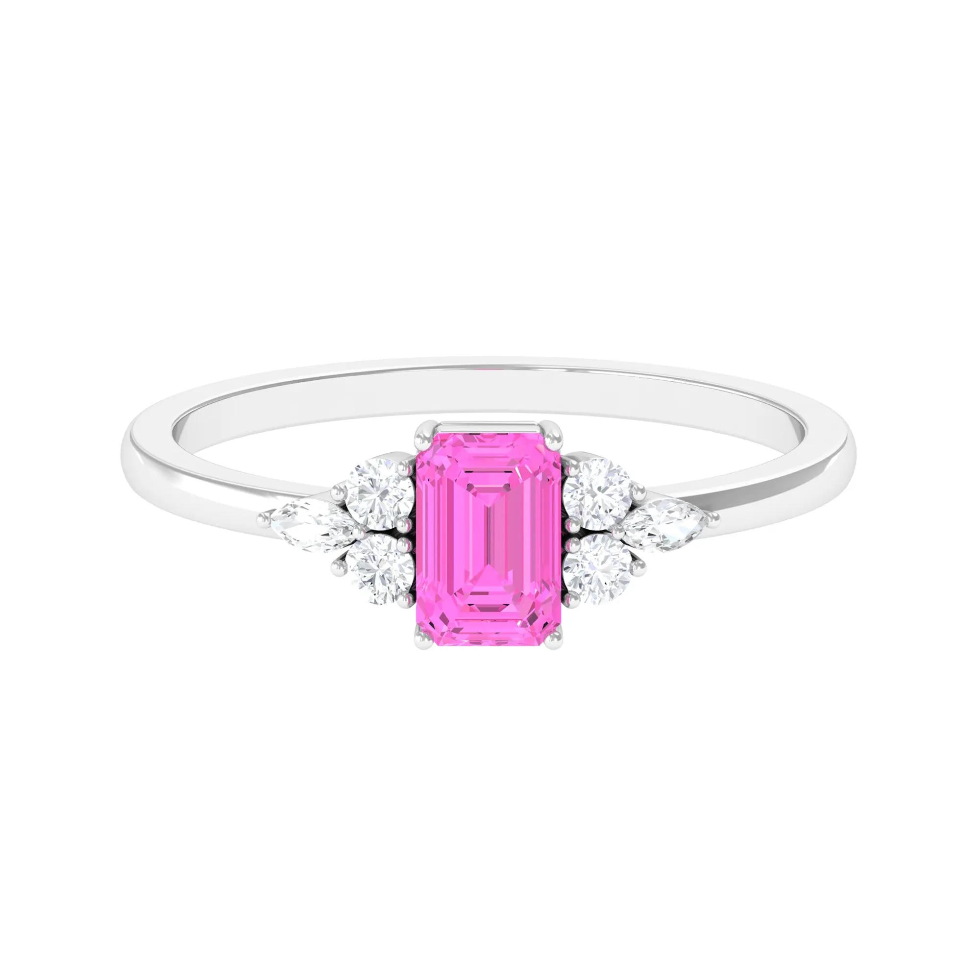 Emerald Cut Pink Sapphire Solitaire Ring with Diamond Trio