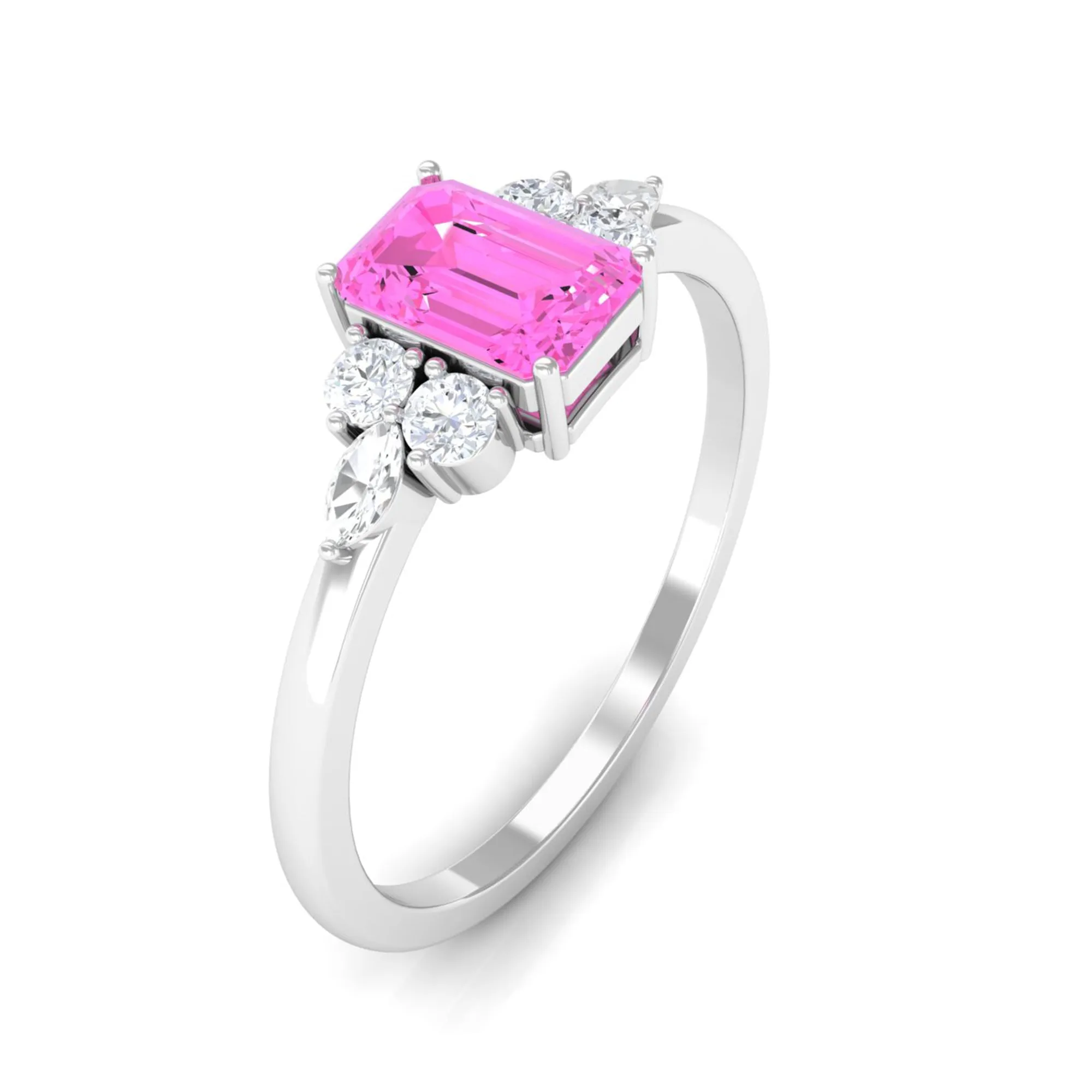 Emerald Cut Pink Sapphire Solitaire Ring with Diamond Trio