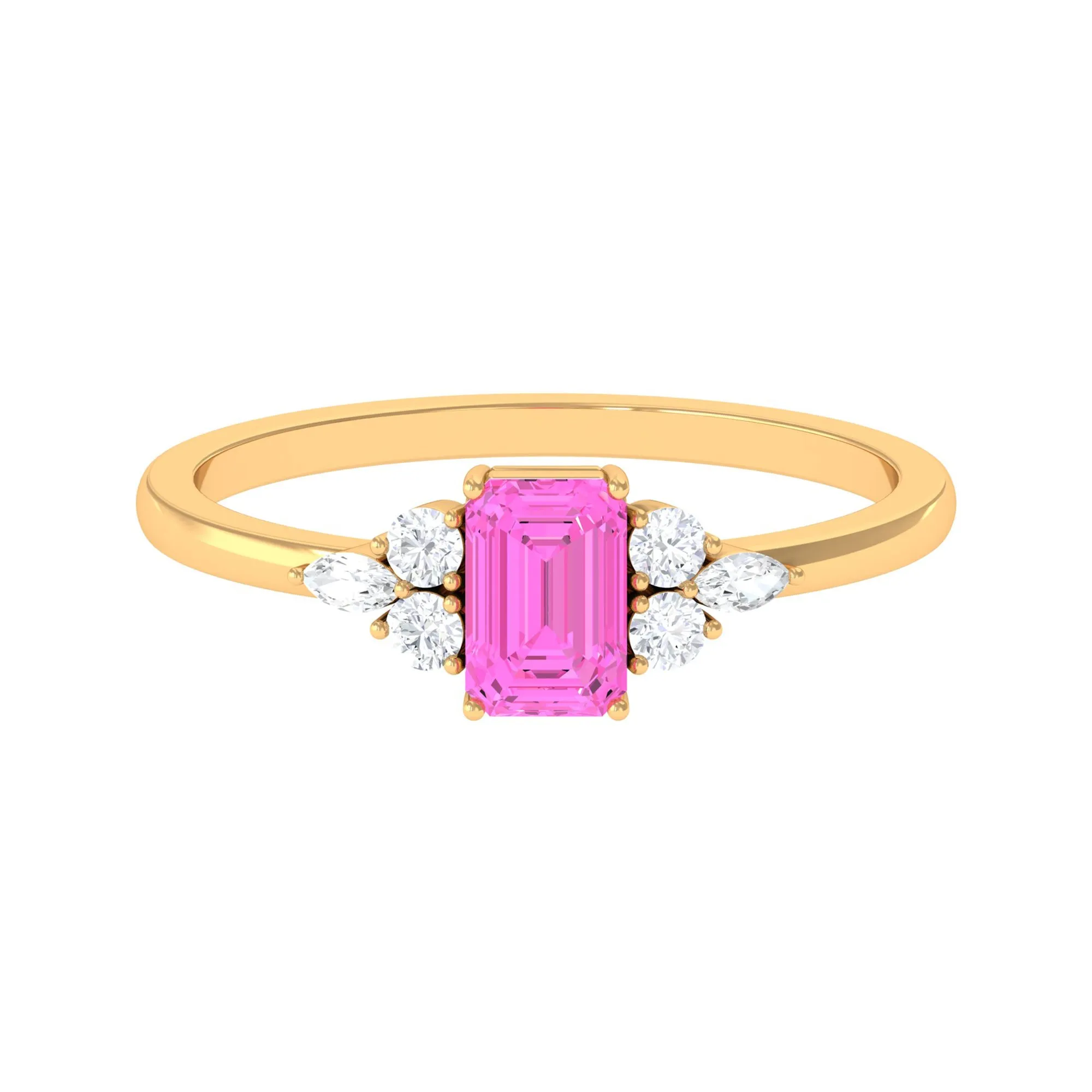 Emerald Cut Pink Sapphire Solitaire Ring with Diamond Trio