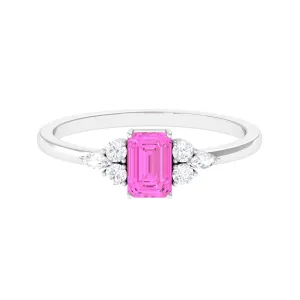 Emerald Cut Pink Sapphire Solitaire Ring with Diamond Trio