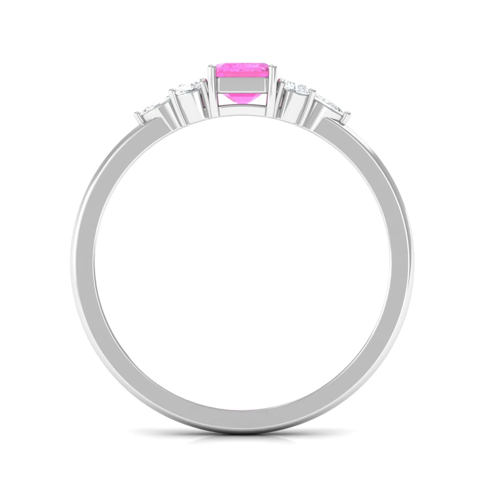 Emerald Cut Pink Sapphire Solitaire Ring with Diamond Trio