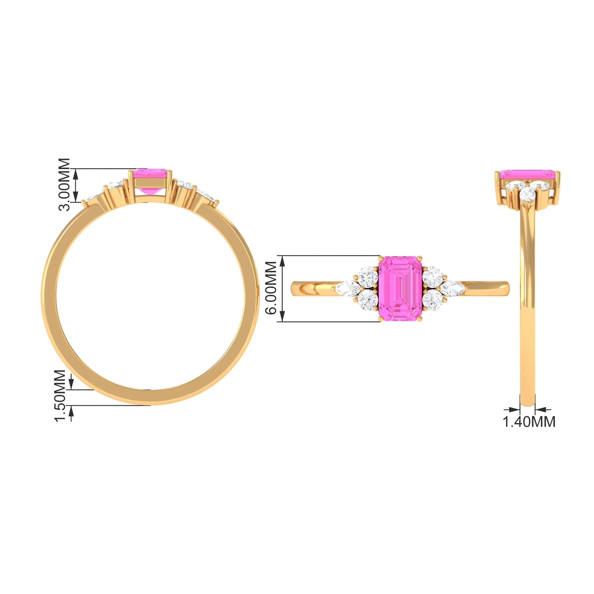 Emerald Cut Pink Sapphire Solitaire Ring with Diamond Trio