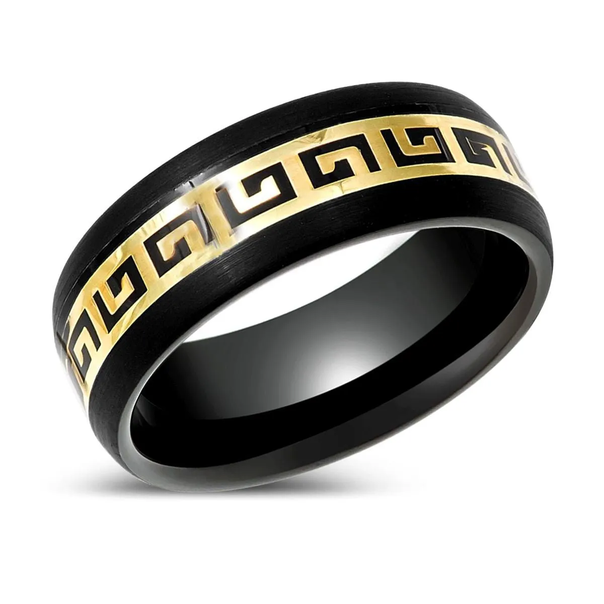 ERDIL | Black Tungsten Ring with Yellow Greek Key Inlay