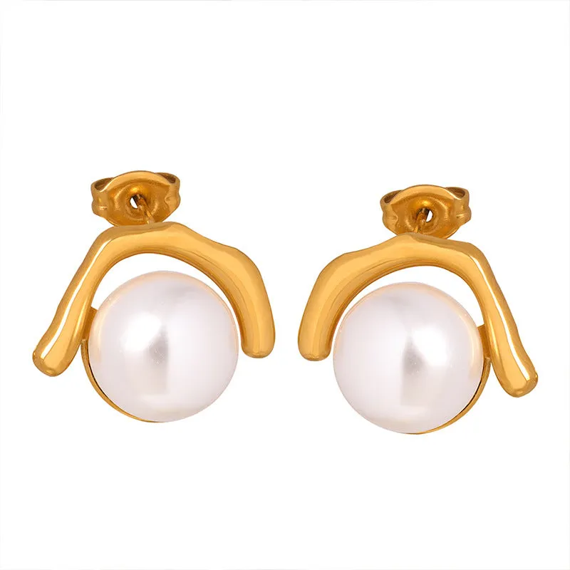 Exquisite Titanium Steel Gold-Plated Pearl Earrings - Celebrity-Inspired Light Luxury Fashion