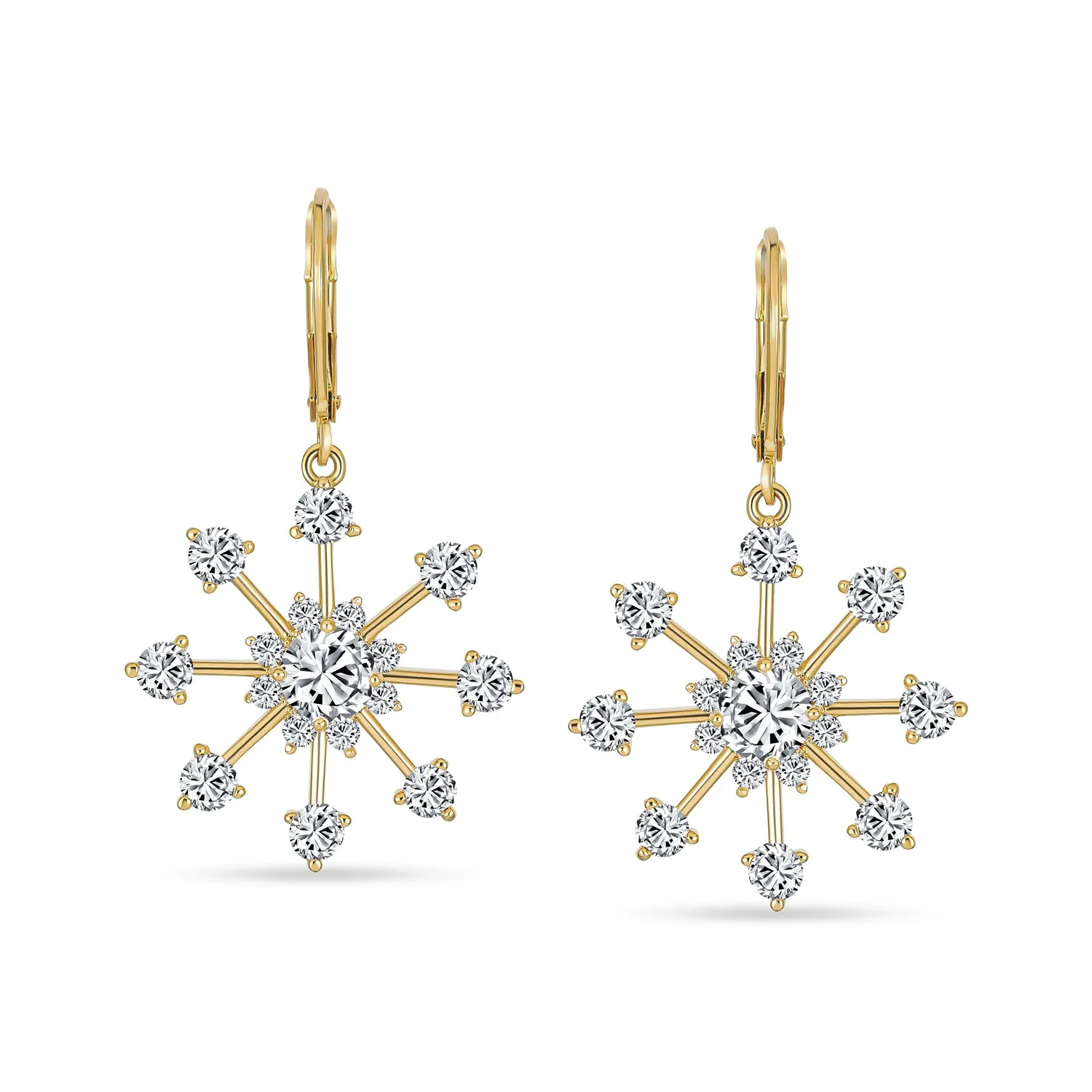 Festive Christmas CZ Snowflake Dangle Chandelier Earrings - Yellow Gold Plated Lever Back