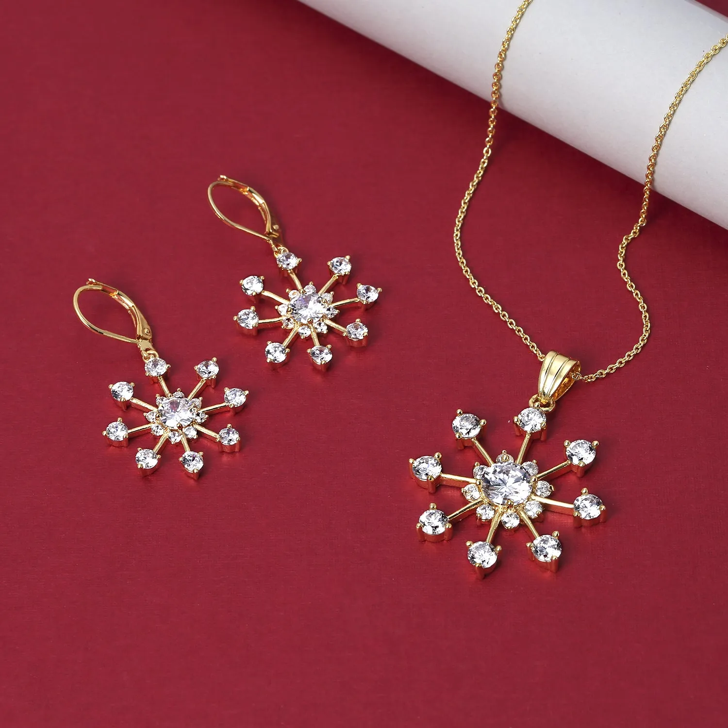 Festive Christmas CZ Snowflake Dangle Chandelier Earrings - Yellow Gold Plated Lever Back